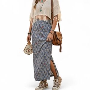 Vintage 90s Exact Change Blue Floral Diamond Print Maxi Skirt Small